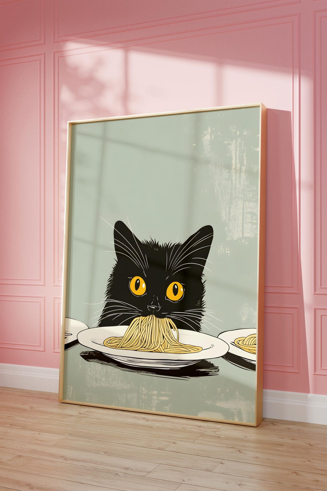 Black Cat Eating Spaghetti Funny Kitchen Cat Humor Art Poster