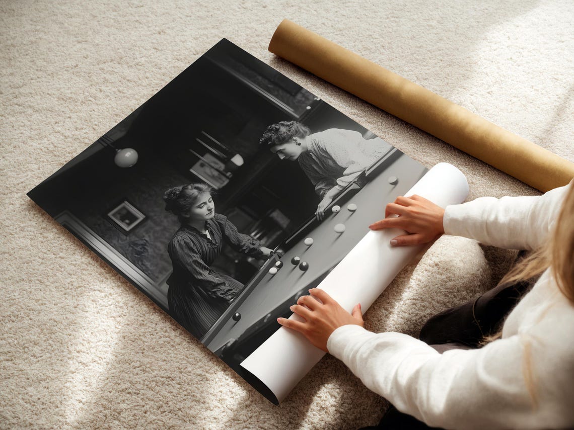 Vintage Black And White Photo Women Playing Billiards Game Poster - Image 3