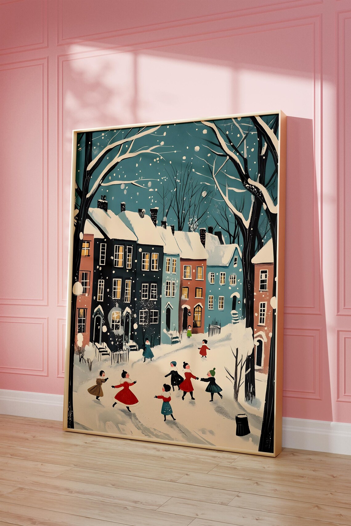 Snowy Christmas Village Street Children Playing Vintage Style Poster