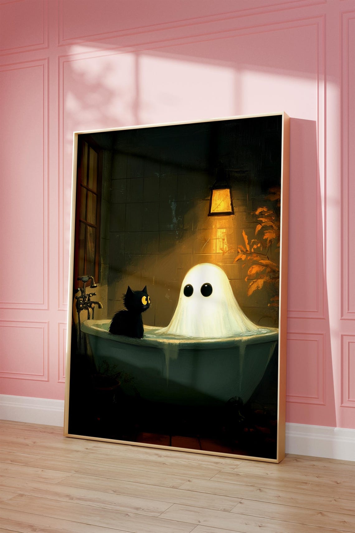 Ghost and Black Cat Bath Time Moody Spooky Halloween Painterly Poster