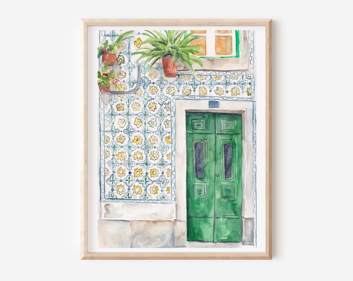 Lisbon Green Door, Traditional Tile Painting Print