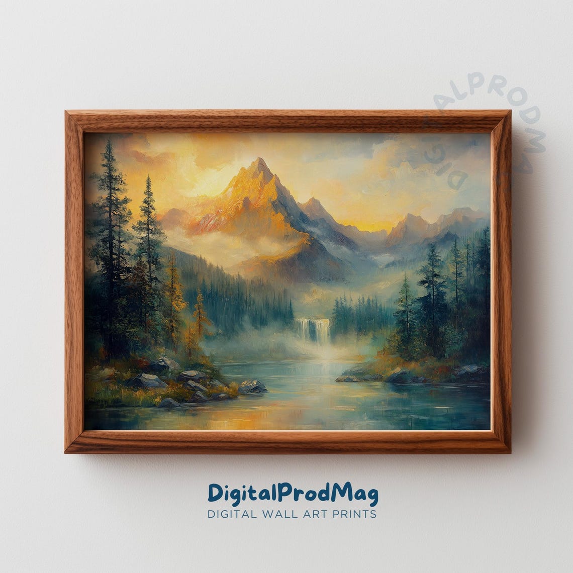 Winter Mountainscape Golden Peak Lake Reflection Impressionist Print