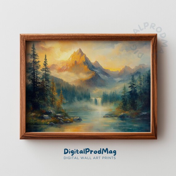 Holiday Winter Mountainscape Moody Impressionist Lanscape Art Rustic Snowy Decor Golden Peak Calm Lake Reflection 6