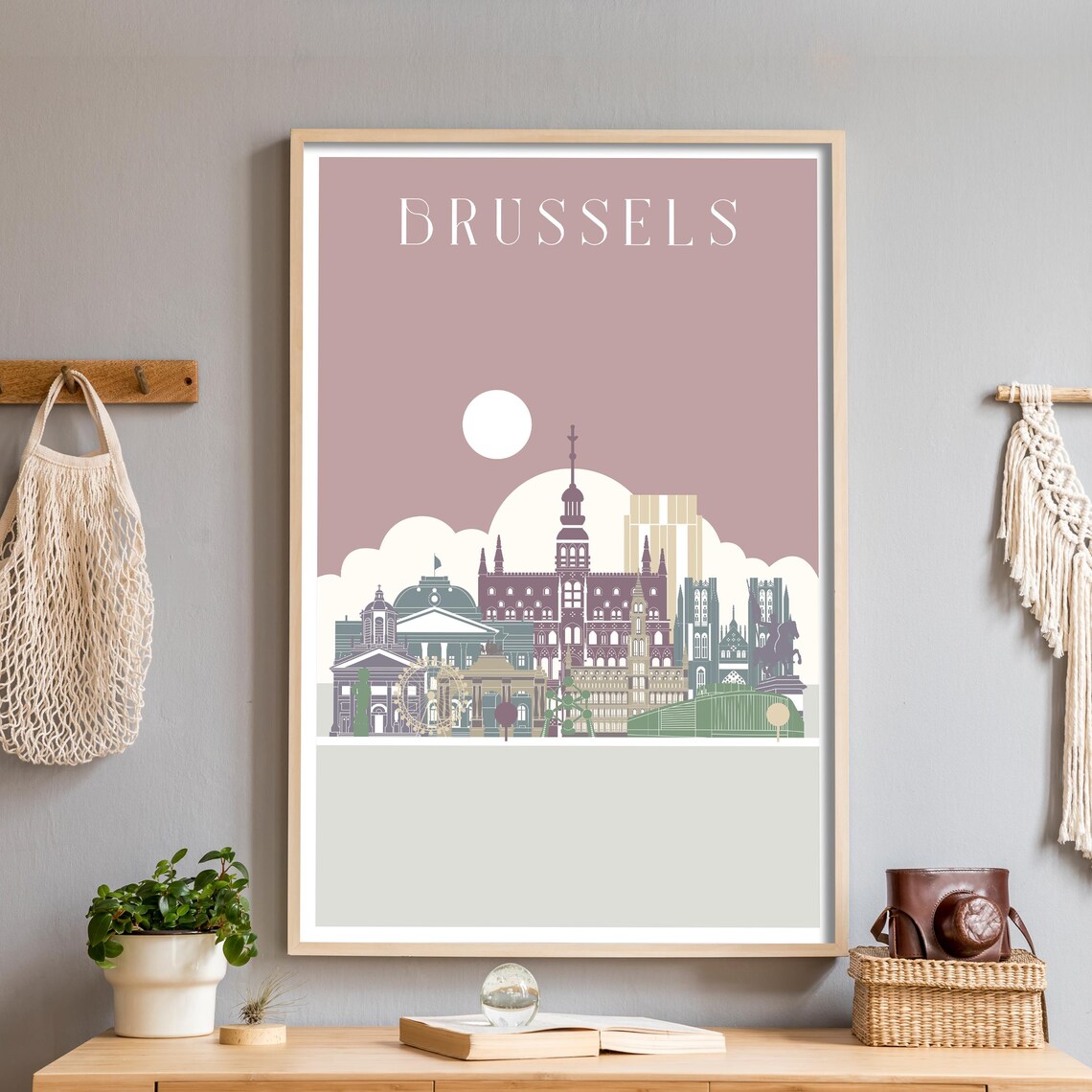 Brussels Belgium Illustrated City Skyline Sunset Travel Poster