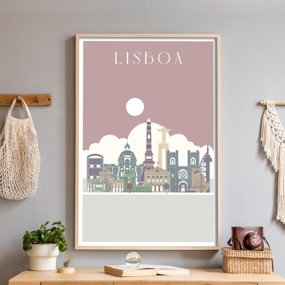 Lisboa Portugal Skyline Landmarks Dusty Rose Illustrated Poster