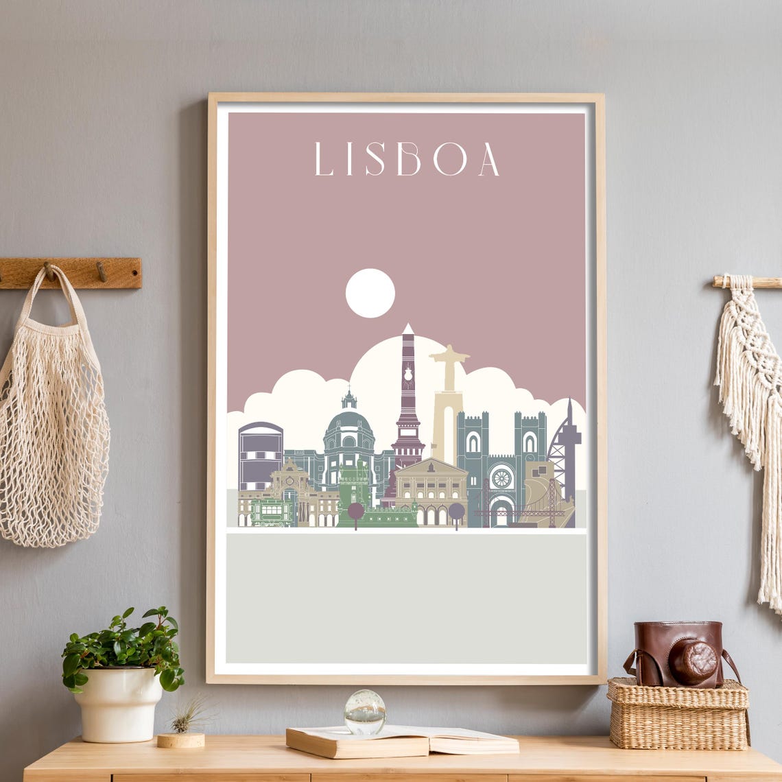 Lisboa Portugal Skyline Landmarks Dusty Rose Illustrated Poster