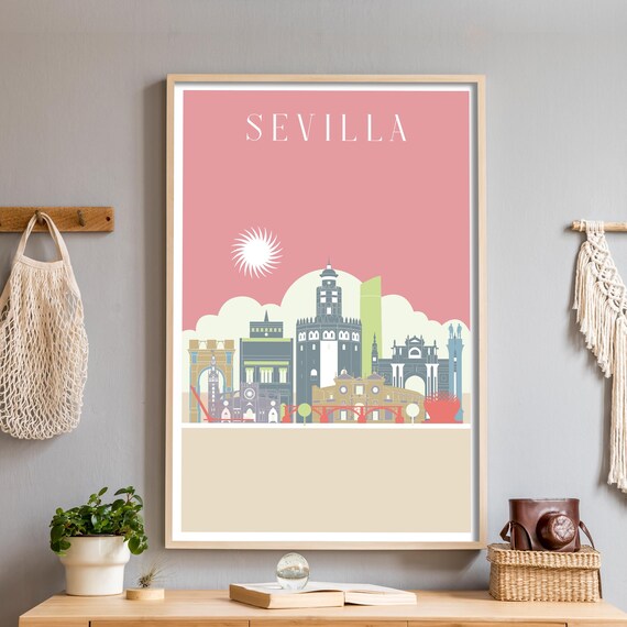 Sevilla Spain Skyline Poster in Pink with Cathedral Illustration Art
