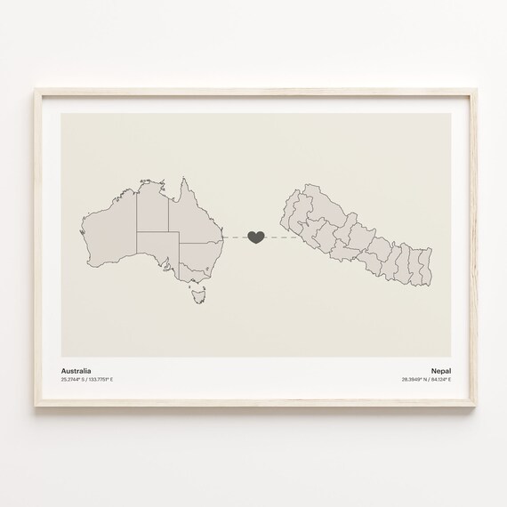 Australia to Nepal Minimalist Heart Couple Connection Map Poster