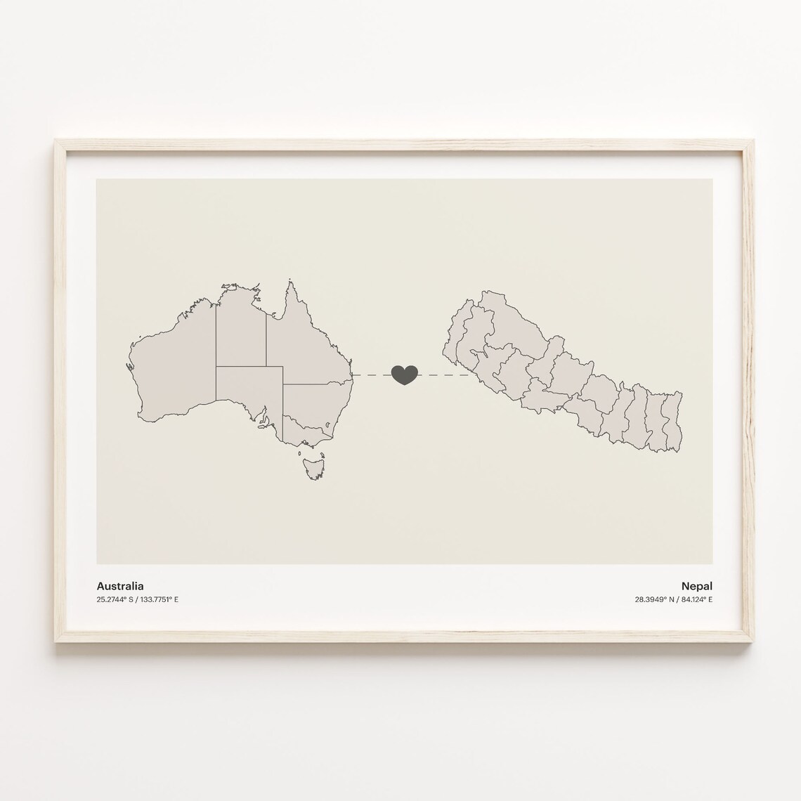Australia to Nepal Minimalist Heart Couple Connection Map Poster