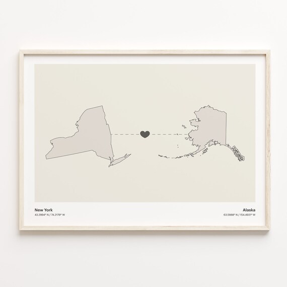 New York Alaska Long Distance Love Connection Heart Map Poster
