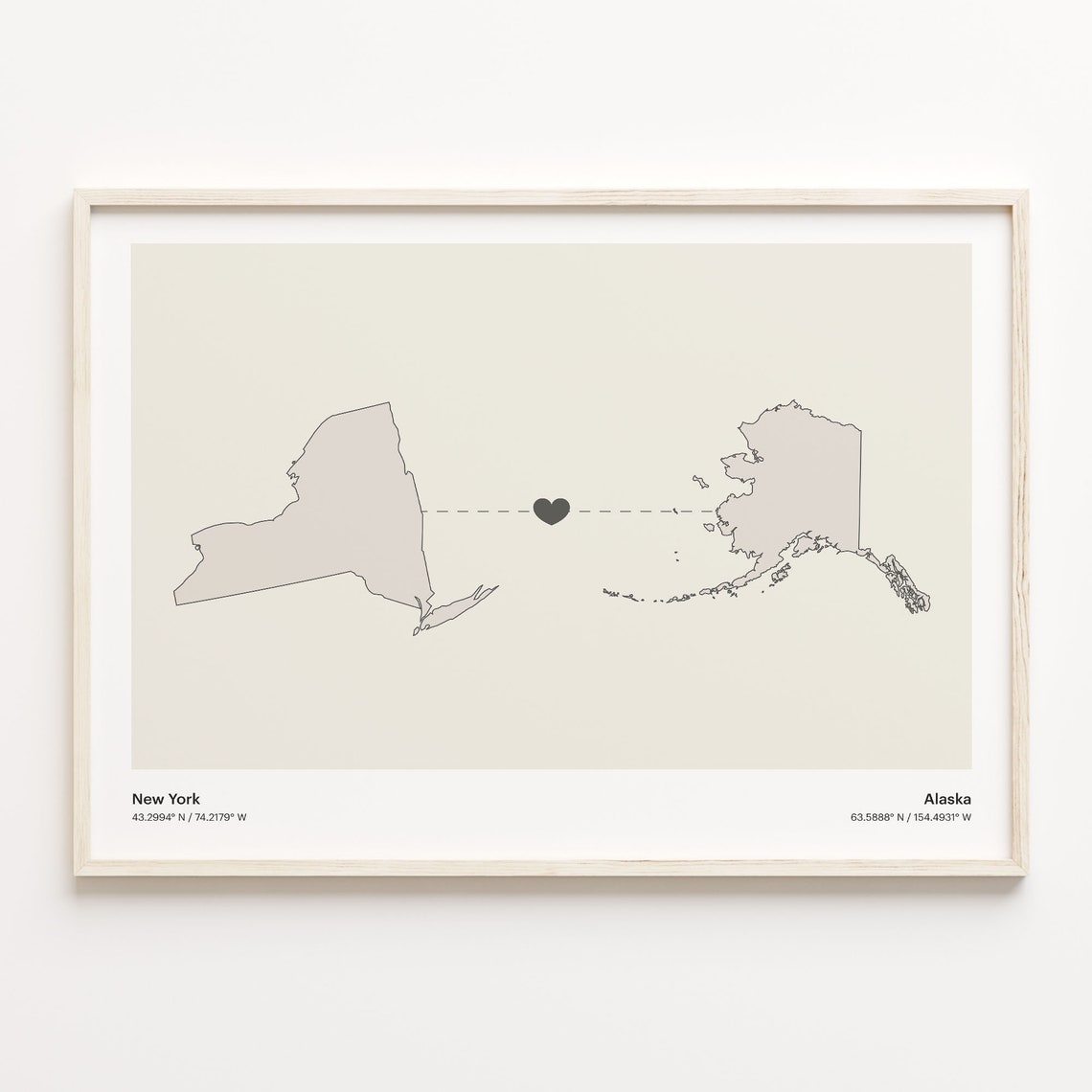 New York Alaska Long Distance Love Connection Heart Map Poster