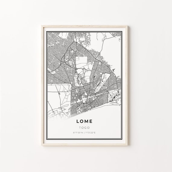 Lome City Map Art Print, Modern Black and White
