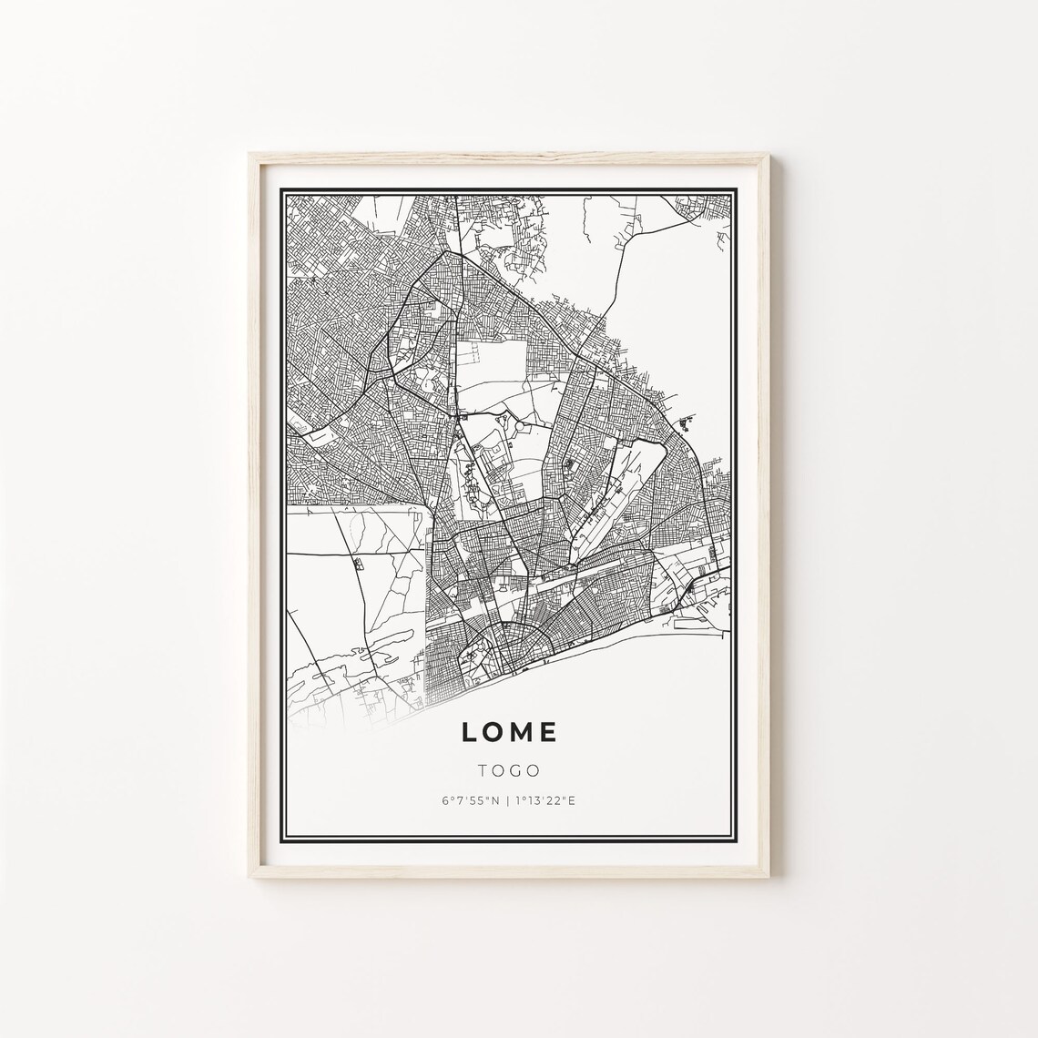 Lome City Map Art Print, Modern Black and White