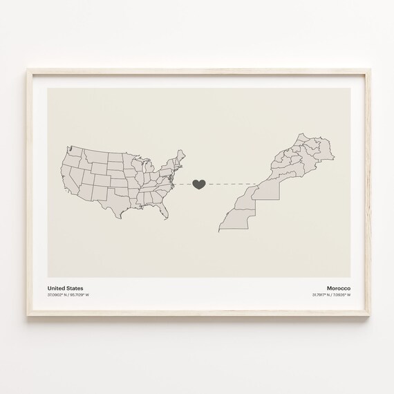 United States To Morocco Long Distance Heart Connection Map Poster