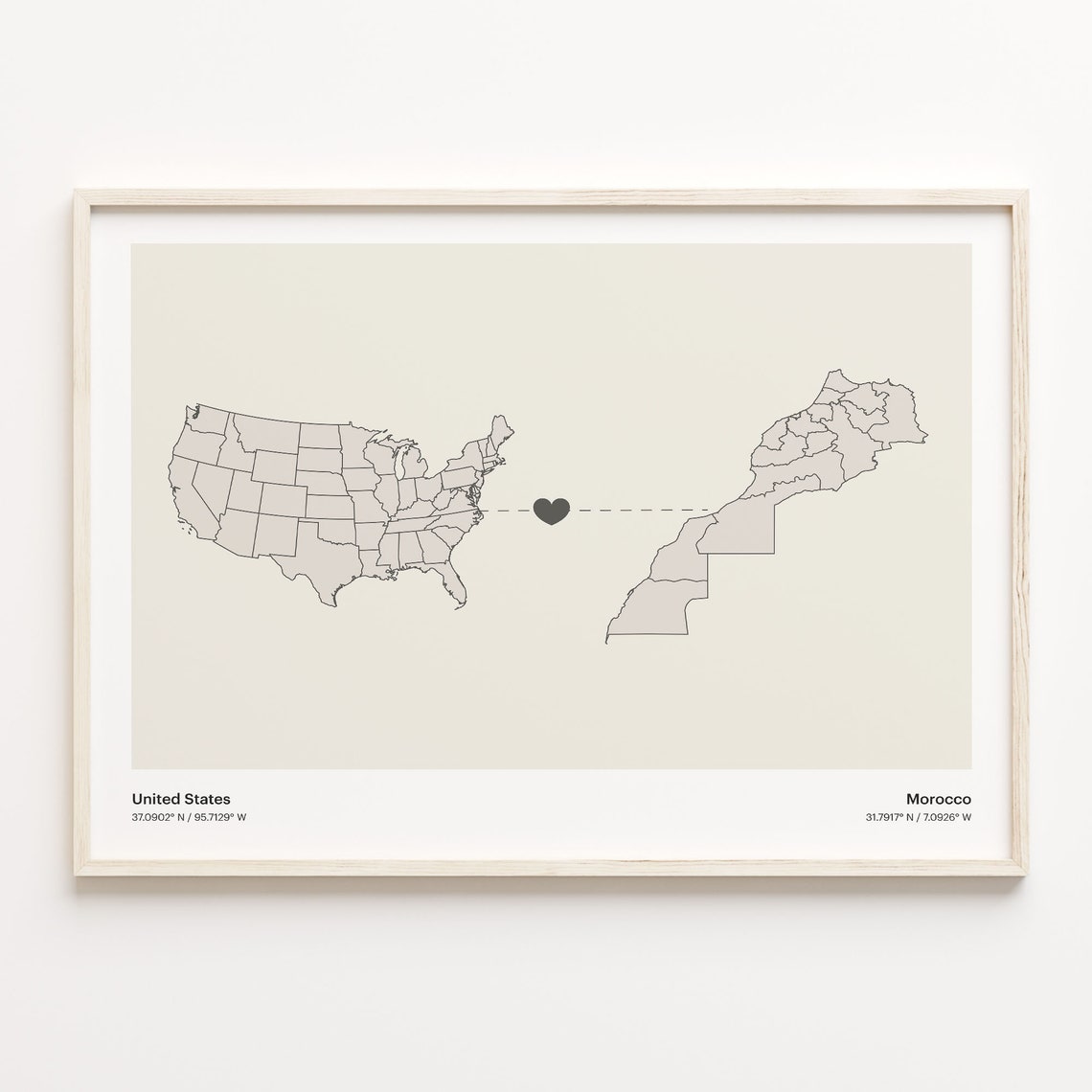 United States To Morocco Long Distance Heart Connection Map Poster