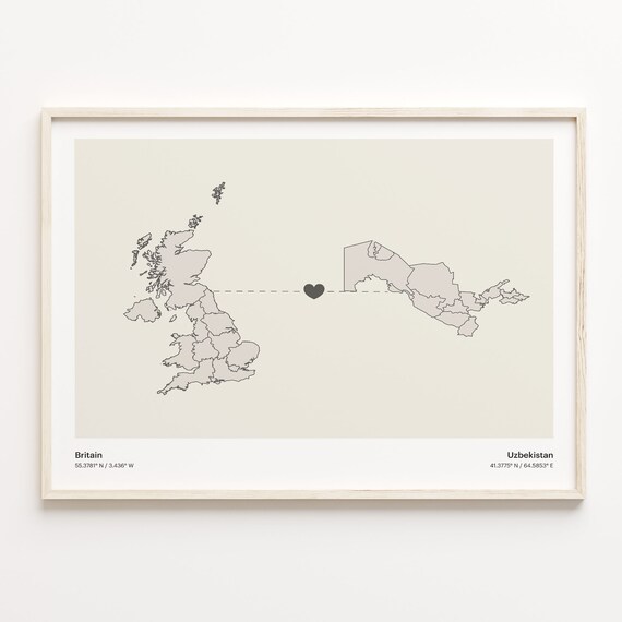 Britain to Uzbekistan Minimalist Long Distance Heart Connection Map Poster