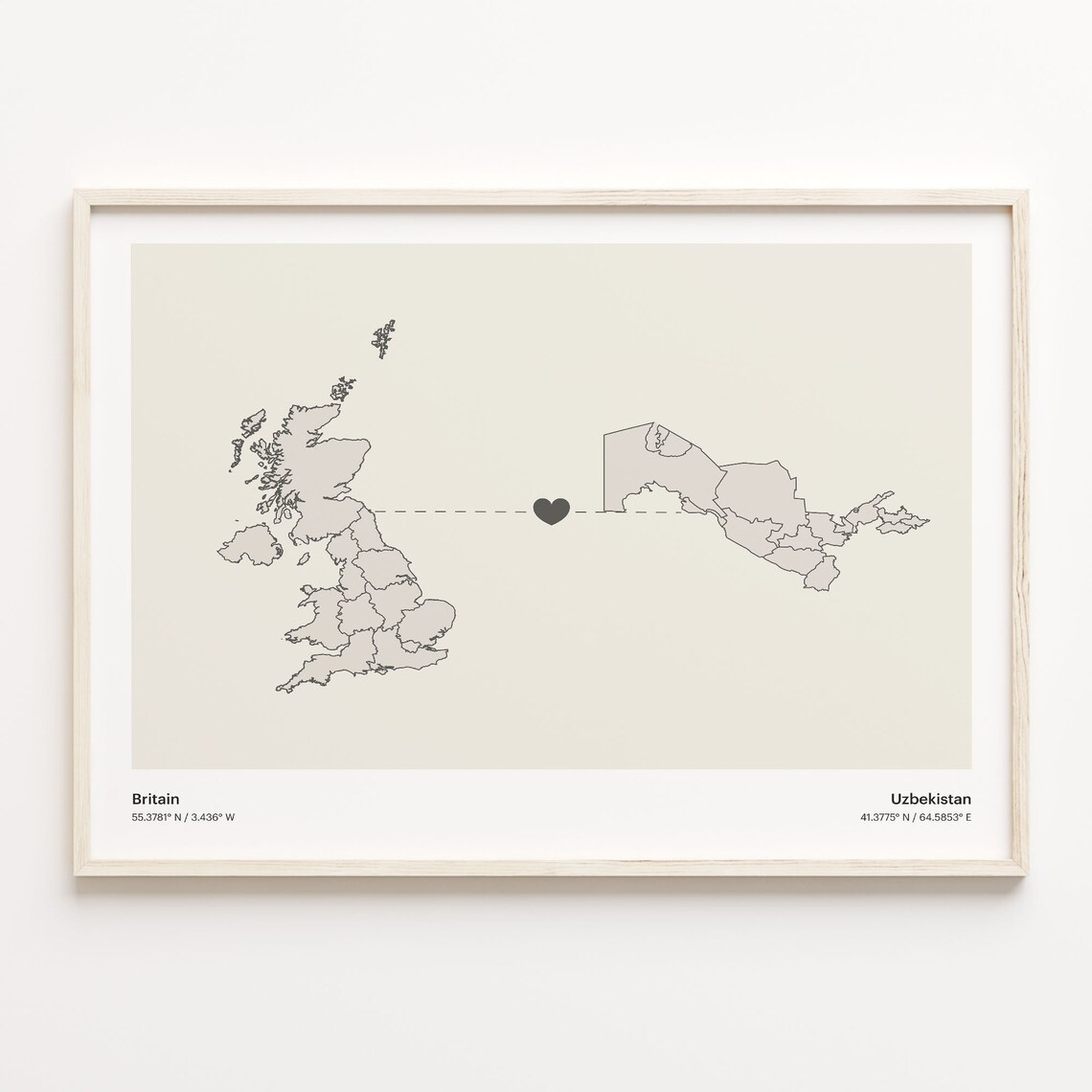 Britain to Uzbekistan Minimalist Long Distance Heart Connection Map Poster