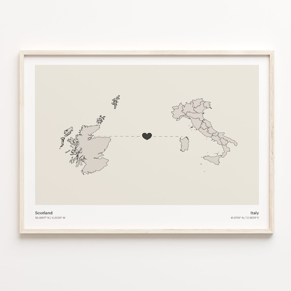Scotland Italy Long Distance Love Heart Minimalist Map Poster