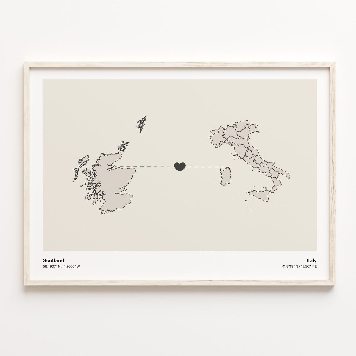 Scotland Italy Long Distance Love Heart Minimalist Map Poster