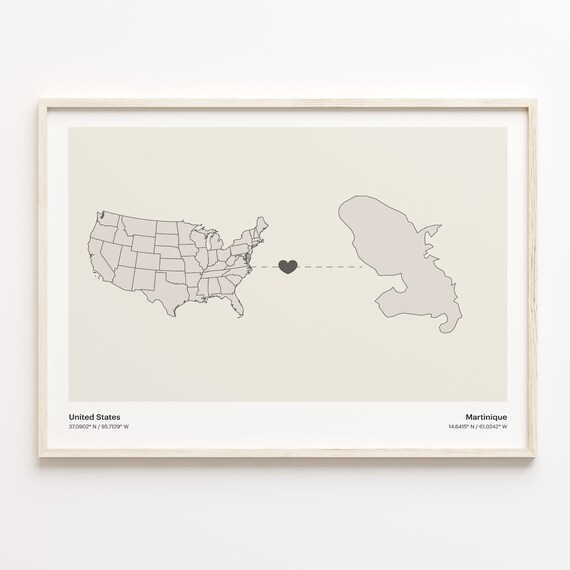 United States To Martinique Minimalist Heart Map Connection Gift Poster