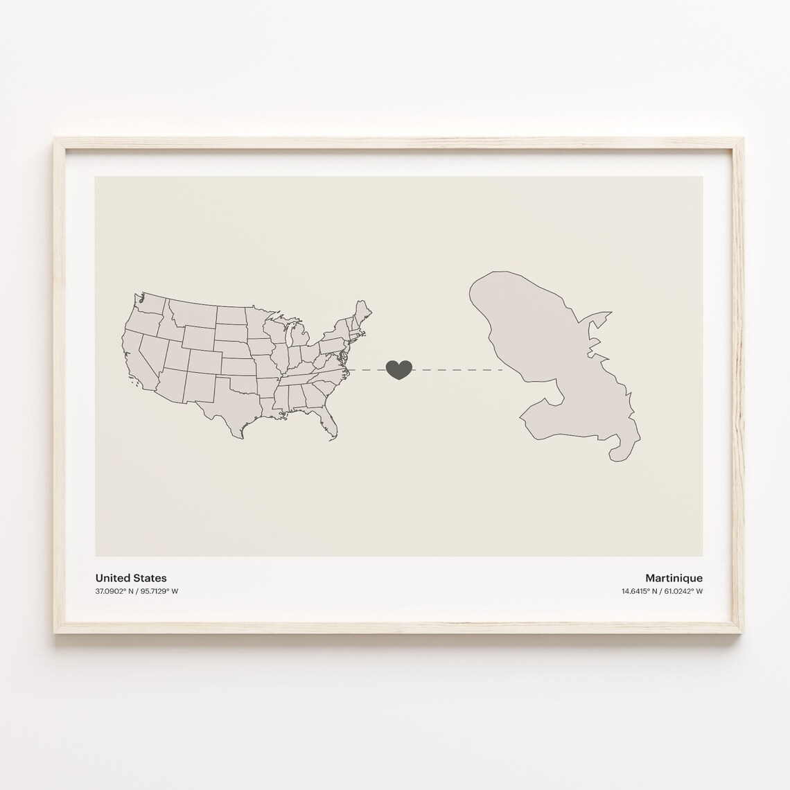 United States To Martinique Minimalist Heart Map Connection Gift Poster