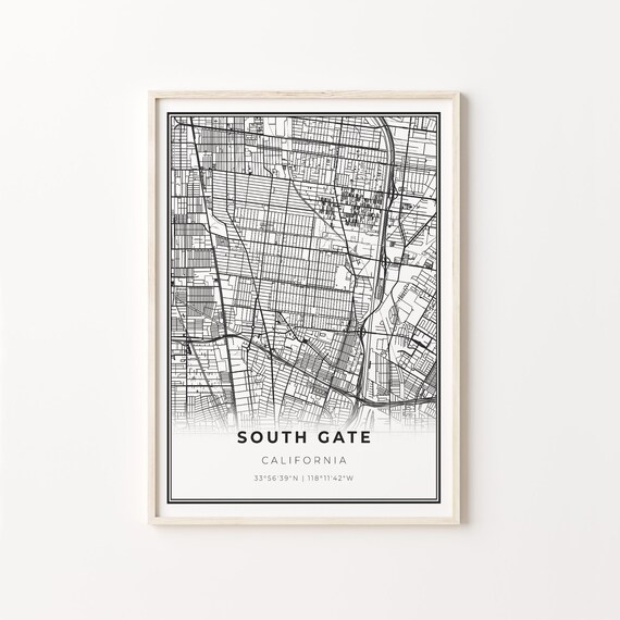 South Gate California City Map Minimalist Black and White Art Poster