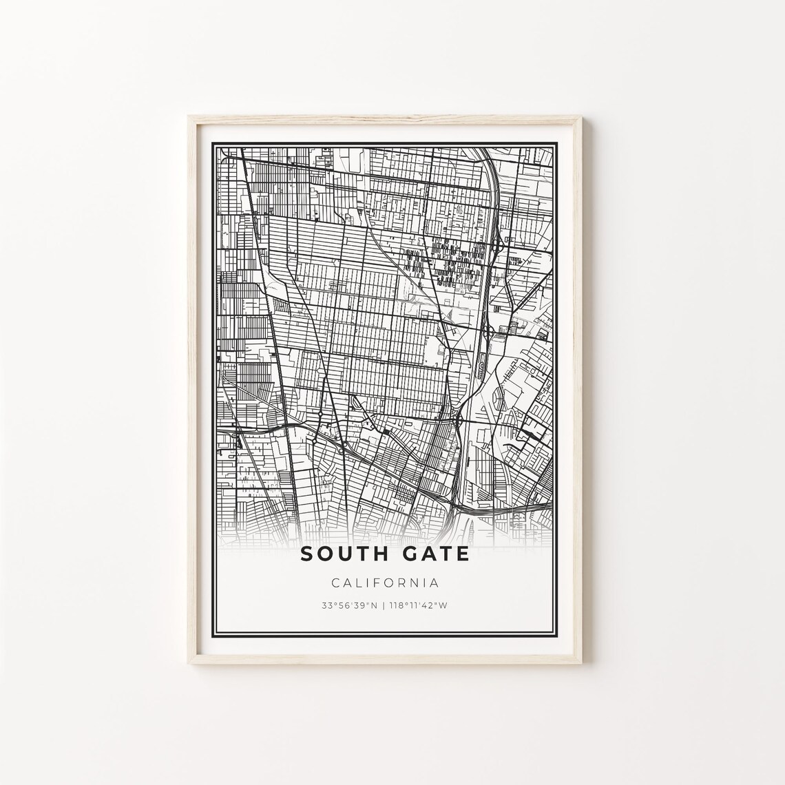 South Gate California City Map Minimalist Black and White Art Poster