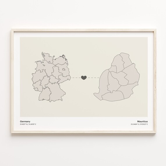 Germany To Mauritius Long Distance Love Minimalist Map Art Poster