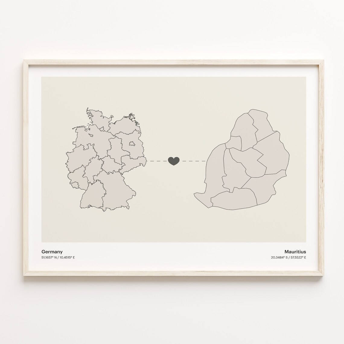 Germany To Mauritius Long Distance Love Minimalist Map Art Poster