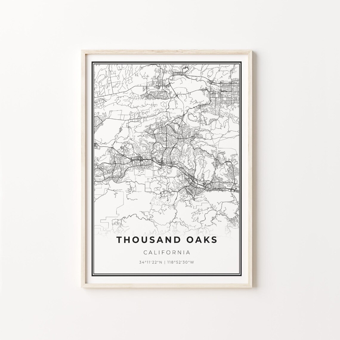Thousand Oaks California Minimalist Black White City Street Map Art Poster