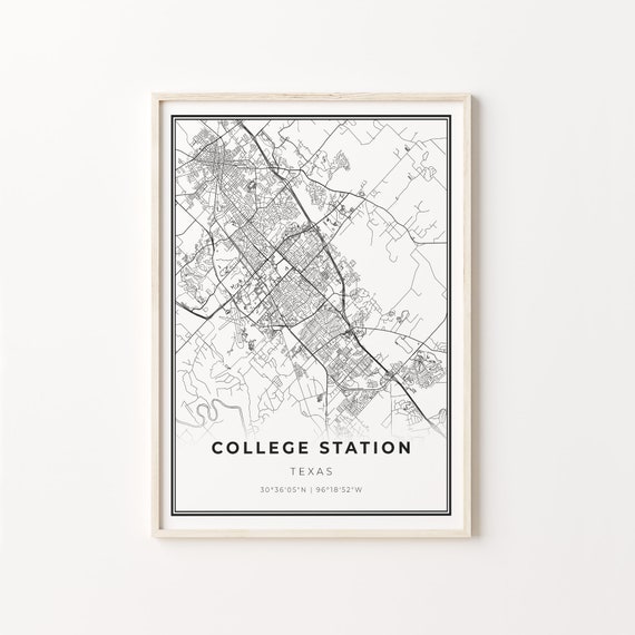 College Station City Map Art Print, Texas Travel
