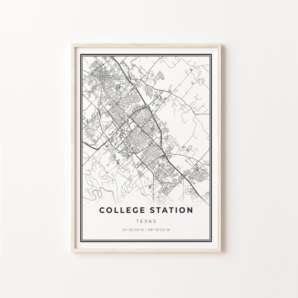 College Station City Map Art Print, Texas Travel