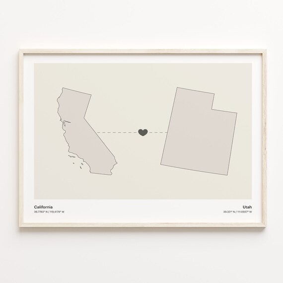 California and Utah Couple Long Distance Love Heart Map Poster