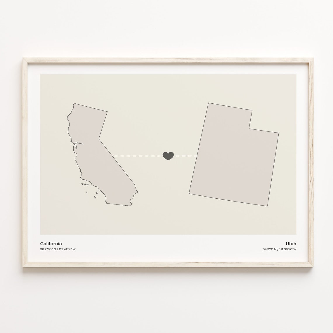 California and Utah Couple Long Distance Love Heart Map Poster