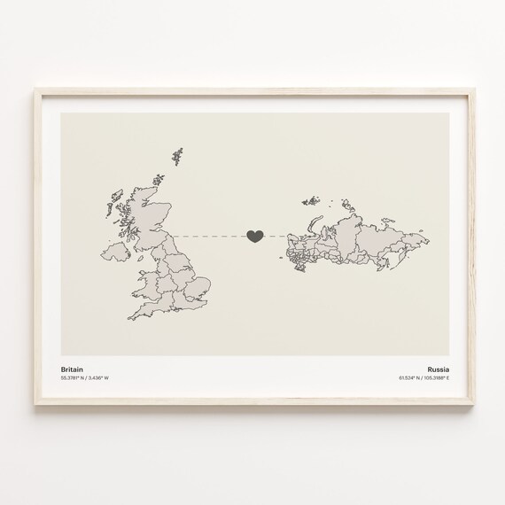 Britain To Russia Minimalist Country Heart Connection Map Poster