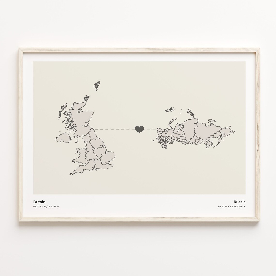 Britain To Russia Minimalist Country Heart Connection Map Poster