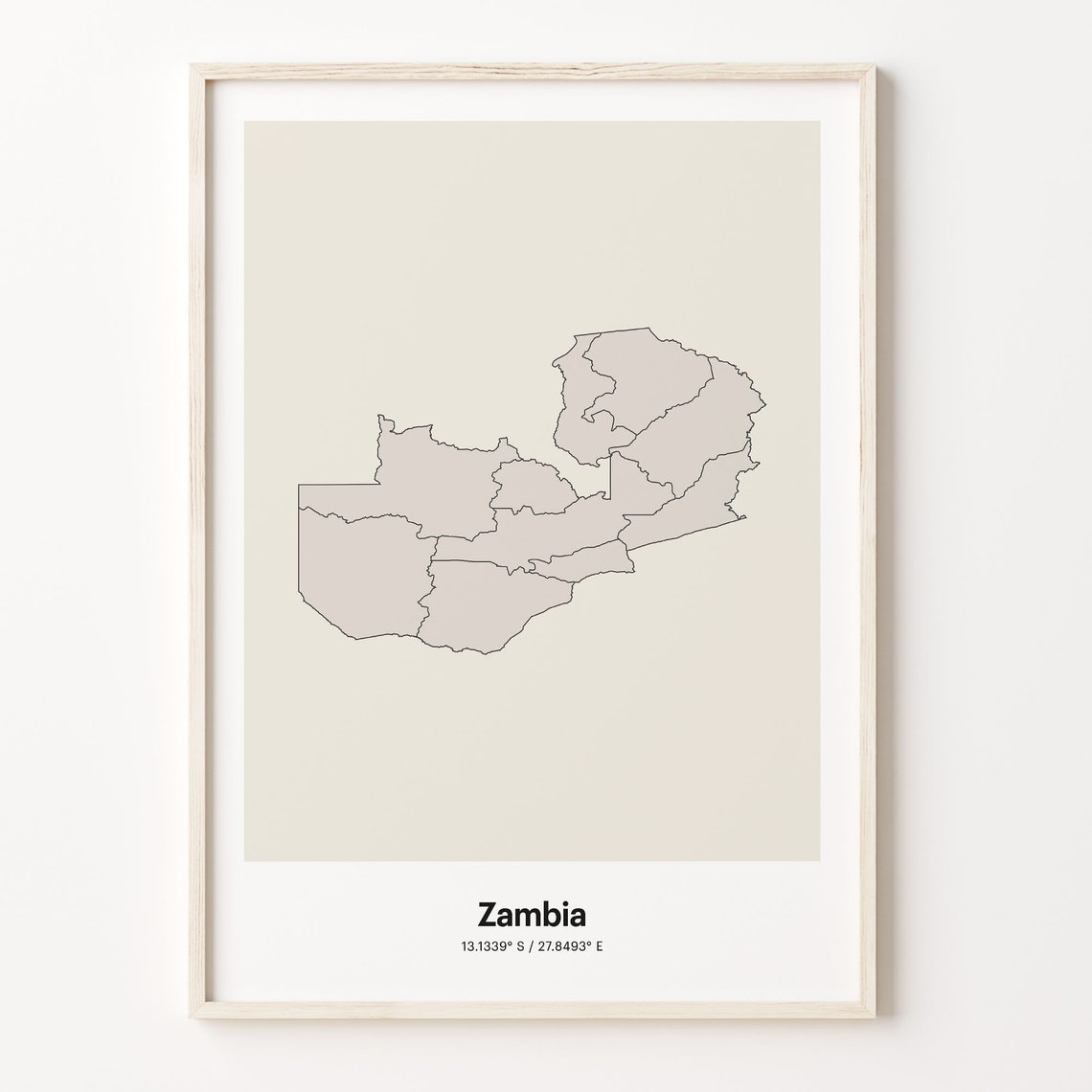 Zambia Minimalist Country Map With Coordinates Line Art Poster
