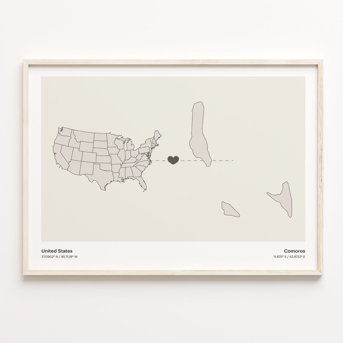 United States to Comoros Heart Connection Map Minimalist Poster