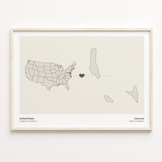 United States to Comoros Heart Connection Map Minimalist Poster