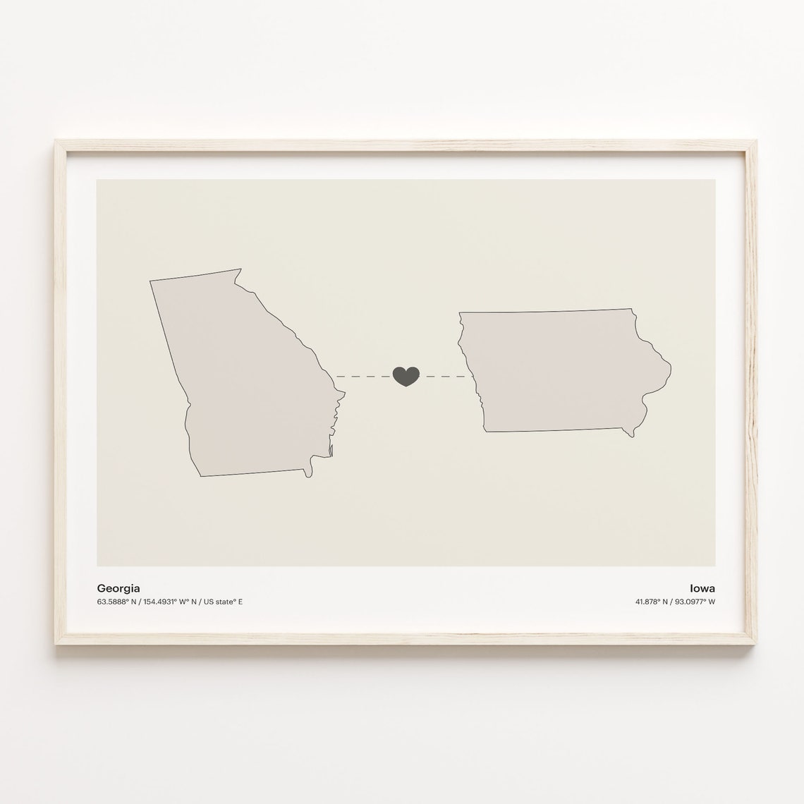 Georgia Iowa State Beige Minimalist Heart Connection Map Poster