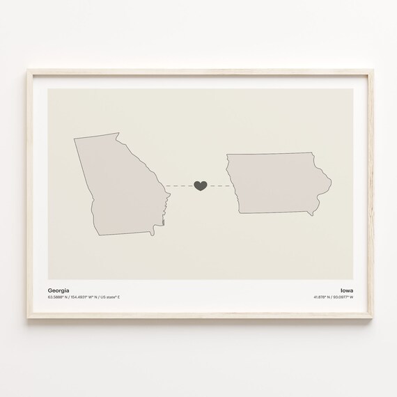 Georgia Iowa State Beige Minimalist Heart Connection Map Poster