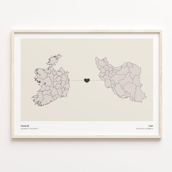 Ireland Iran Long Distance Love Heart Modern Minimalist Map Poster