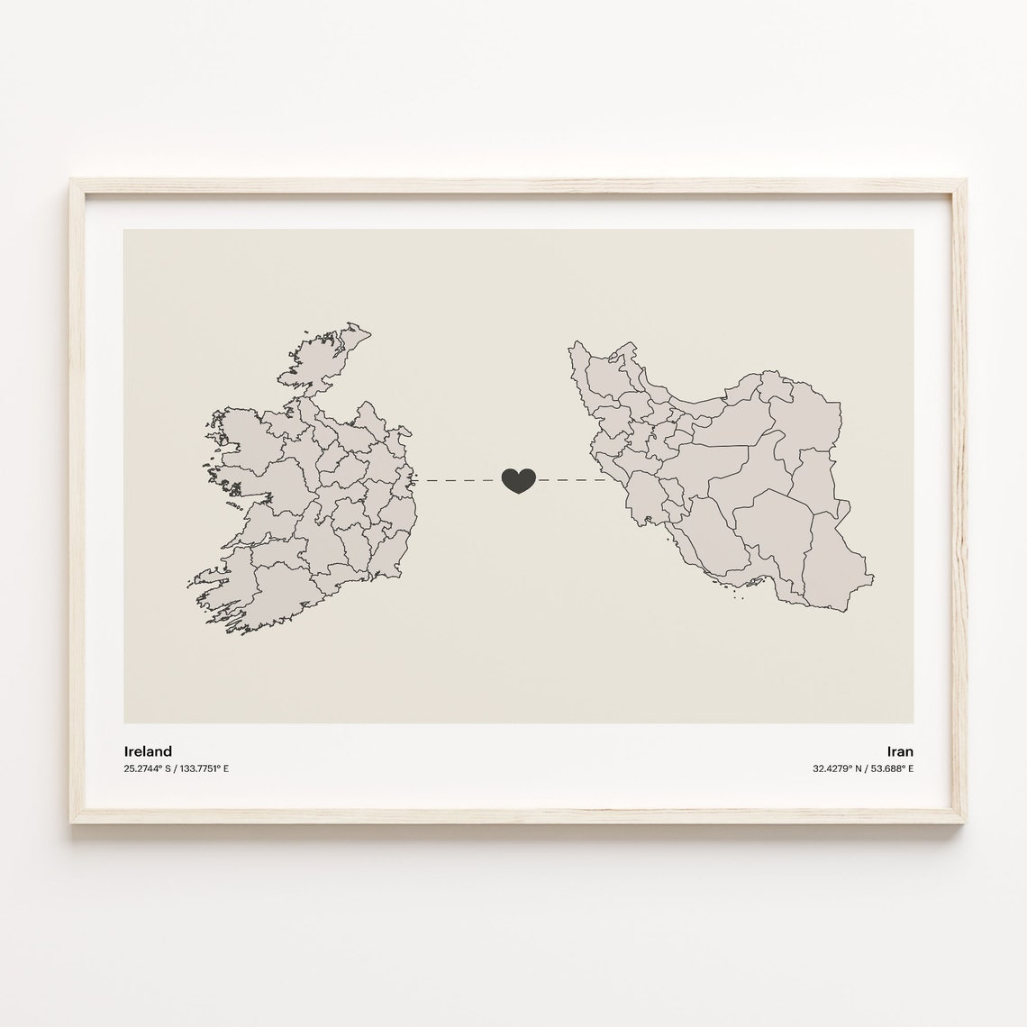 Ireland Iran Long Distance Love Heart Modern Minimalist Map Poster