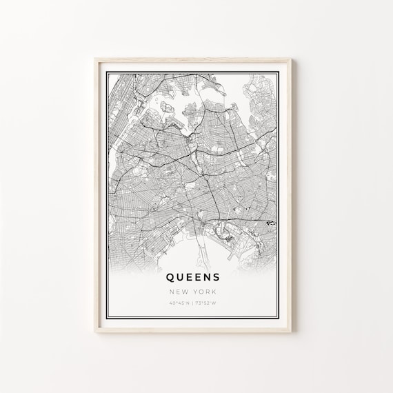 Queens New York Modern Minimalist Black Line City Map Wall Art