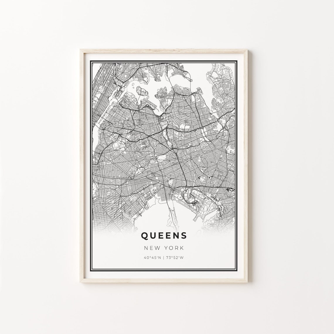 Queens New York Modern Minimalist Black Line City Map Wall Art