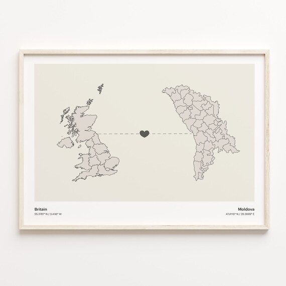 Britain to Moldova Minimalist Long Distance Heart Map Connection Poster