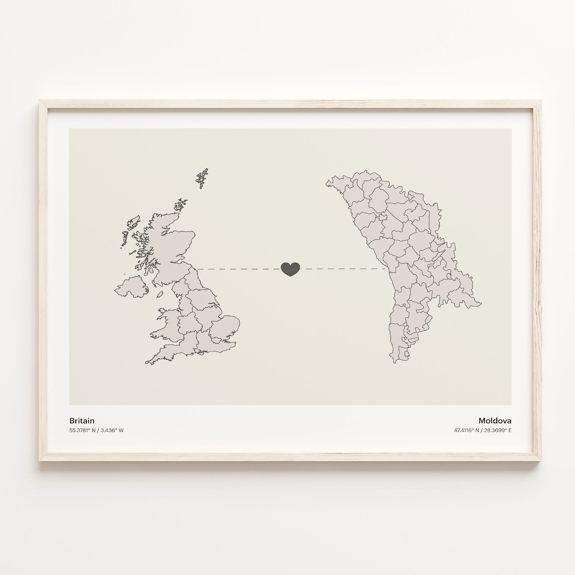 Britain to Moldova Minimalist Long Distance Heart Map Connection Poster
