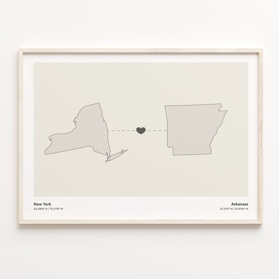 New York Arkansas Long Distance Connection Heart Map Poster Gift