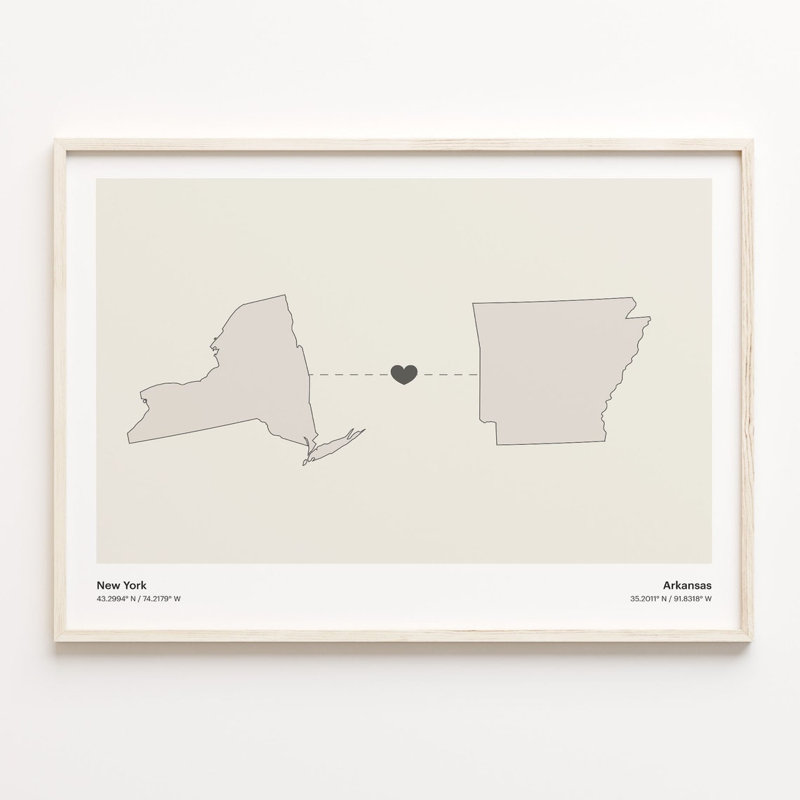 New York Arkansas Long Distance Connection Heart Map Poster Gift