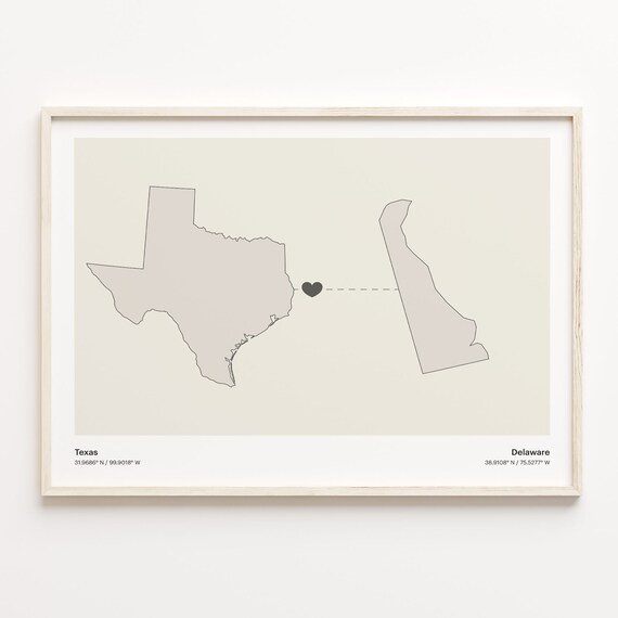 Texas to Delaware Heart Map Long Distance Relationship Poster